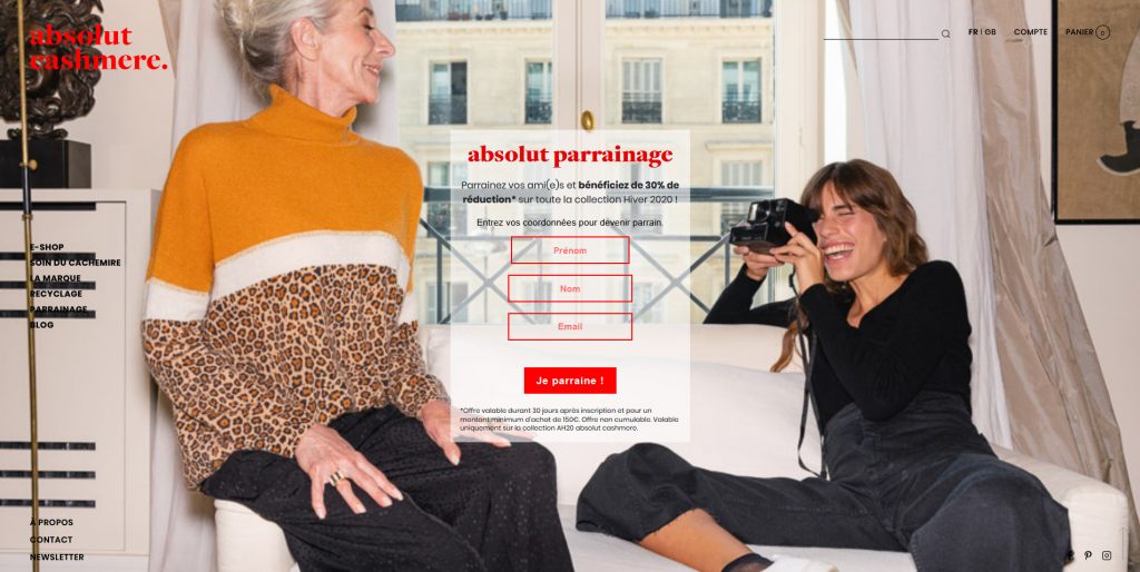 Absolut Cashmere - landing page de parrainage sur Prestashop